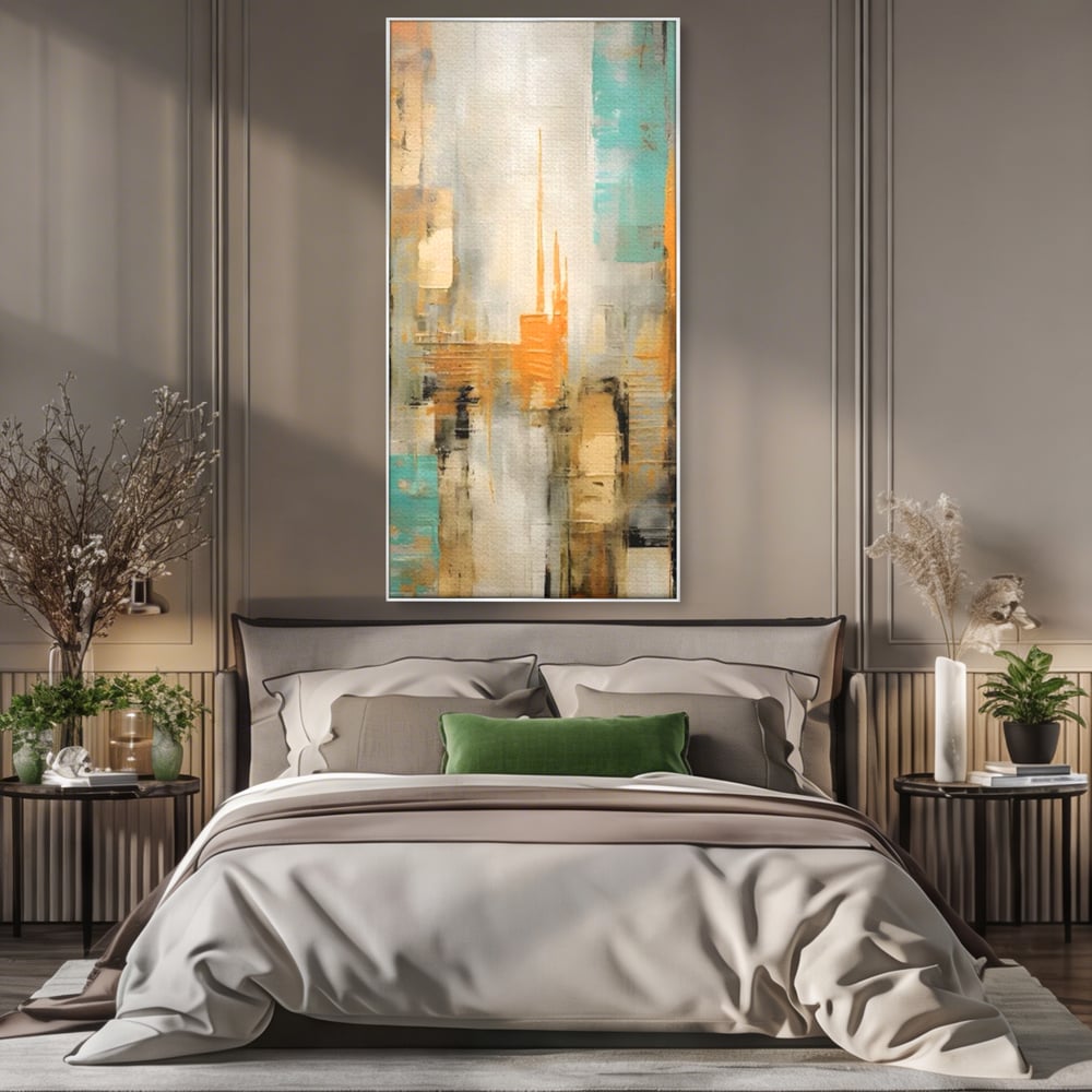 Tablou canvas cu pictura abstracta cu peisaj urban, in rama de aluminiu argintiu, pe perete intr-un dormitor